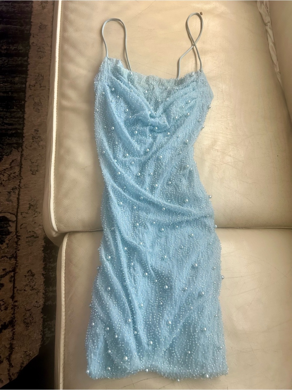 Light Blue Pearl-Embellished Spaghetti Strap Dress